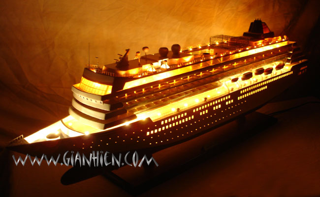 Model Cruise Ship Asuka II with lights at night from Bow view