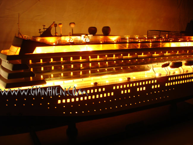 Model Cruise Ship Asuka II with lights at night from mid ship view