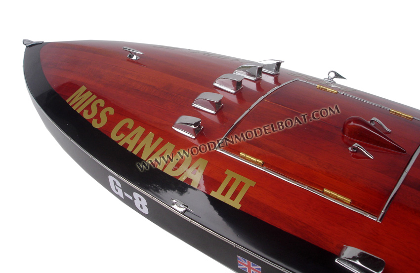 Classic Wooden Miss Canada III Mode Boat ready for display