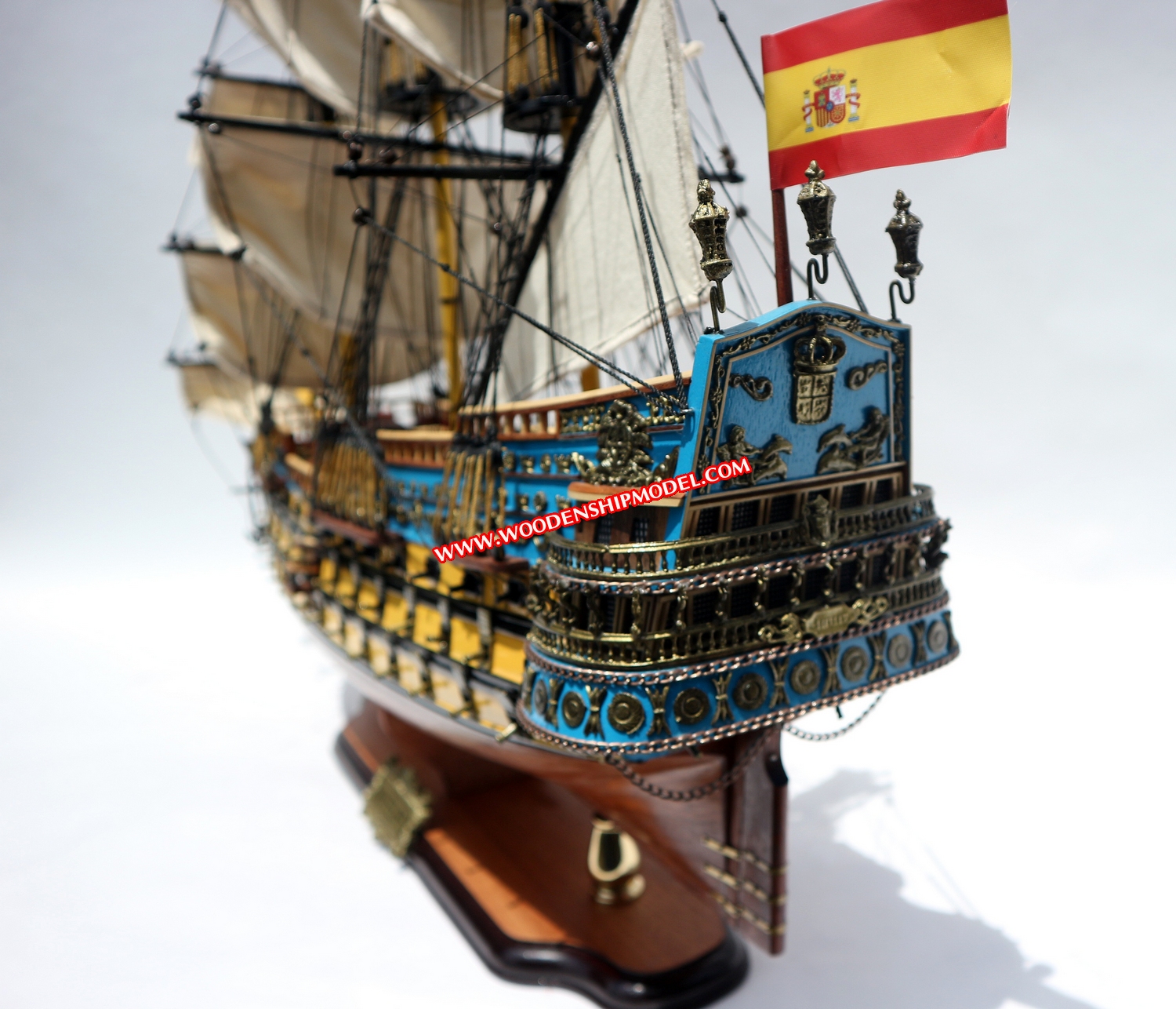 The San Felipe Launched in 1690, was one of the most beautiful Spanish ships of its era. She was led the Spanish Armada. San Felipe's role in the war against the British and French was to help protect Spanish settlements and harbours but also to transport gold from the new world. The San Felipe was armed with 96 cannons enough firepowew to match the best ships the French and British navies had to offer. In 1705, the SanFelipe fought a heroic battle against 35 British ships but was captured by an English ship and badly damaged withouth any chances of being salvaged as a prize. 